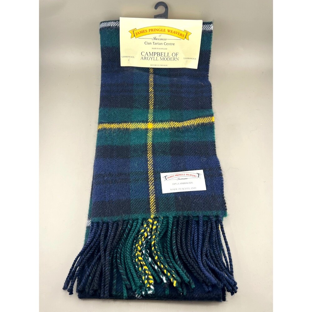 Vtg James Pringle Weavers Scottish Lambswool Scarf Blue Tartan Plaid Blue Green